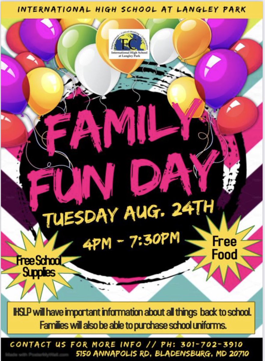 Christine Gilliard-Arthur, NBCT (@gilliard_pe) on Twitter photo You’re invited <a href="/ihslpsga/">International High School at Langley Park SGA</a>‼️📣
📌What: Family Fun Day! 🏫📚
📌When: Tuesday, August 24th
📌Time: 4pm-7:30pm
🗣Chat with our teachers & our NEW principal, <a href="/DrHumphrey5/">Dr. Humphrey</a>!
✨Free food, school supplies & 😃s!
*😷Masks required.
#PhoenixUnited🤝 <a href="/MrShulmanPGCPS/">Mr. Shulman</a> You’re invited <a href="/ihslpsga/">International High School at Langley Park SGA</a>‼️📣
📌What: Family Fun Day! 🏫📚
📌When: Tuesday, August 24th
📌Time: 4pm-7:30pm
🗣Chat with our teachers & our NEW principal, <a href="/DrHumphrey5/">Dr. Humphrey</a>!
✨Free food, school supplies & 😃s!
*😷Masks required.
#PhoenixUnited🤝 <a href="/MrShulmanPGCPS/">Mr. Shulman</a>
