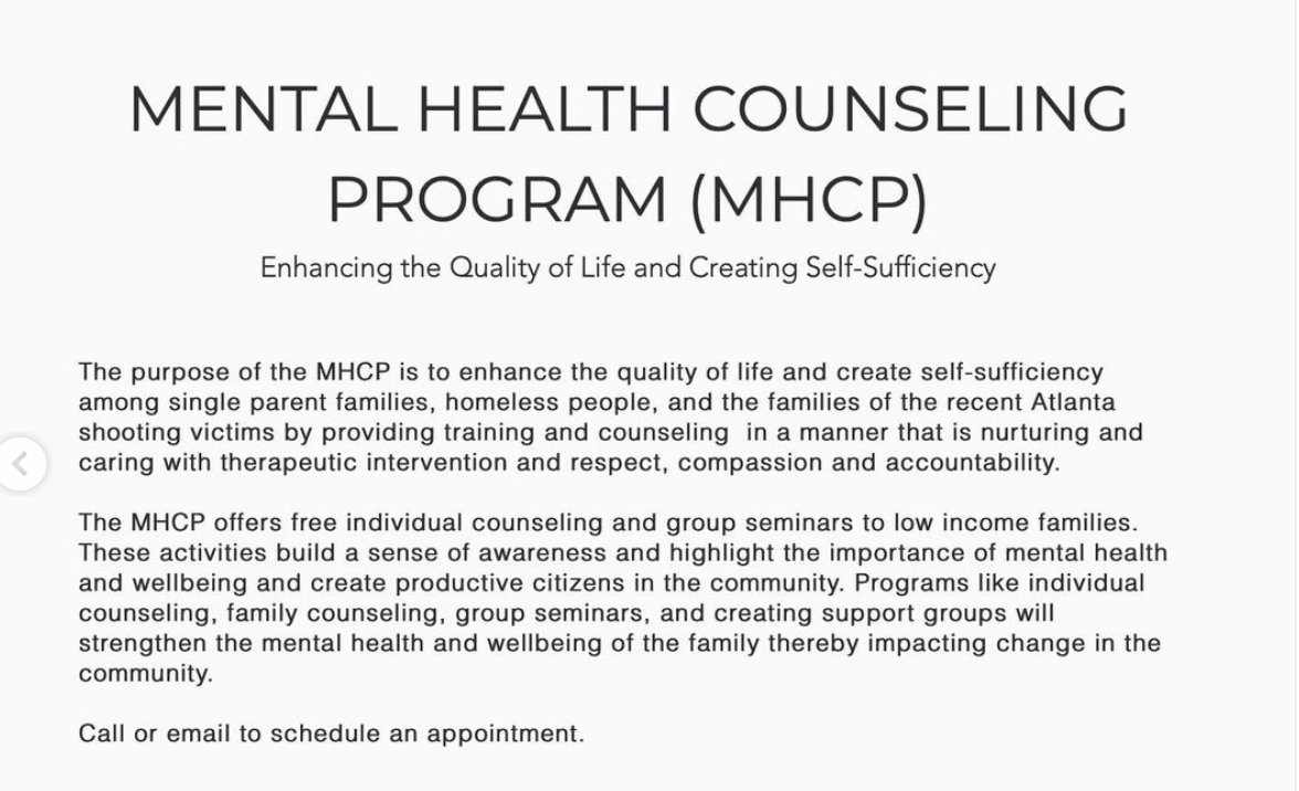 The purpose of the MHCP is to enhance the quality of life and create self-sufficiency among single parent families, homeless people, and the families of the recent Atlanta shooting victims by providing training and counseling  in a manner that is nurturing and caring
#nonprofit