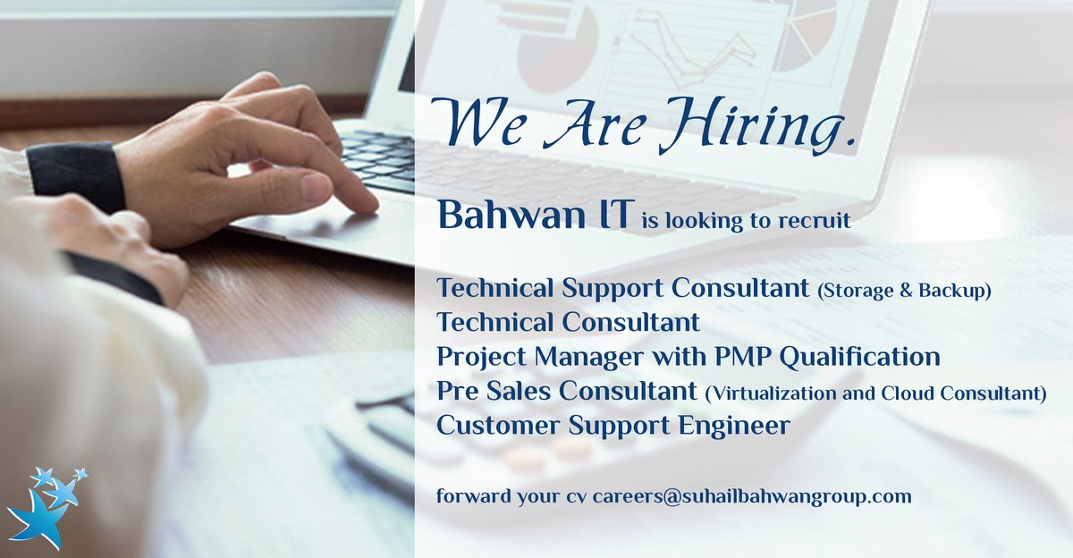 Bahwan IT LLC is looking to recruit a the following positions; read full details: lnkd.in/es-NqFx forward your cv careers@suhailbahwangroup.com #hiring #technicalsupport #technicalconsultant #projectmanager #presalesengineer #presalesconsultant #customersupportengineer