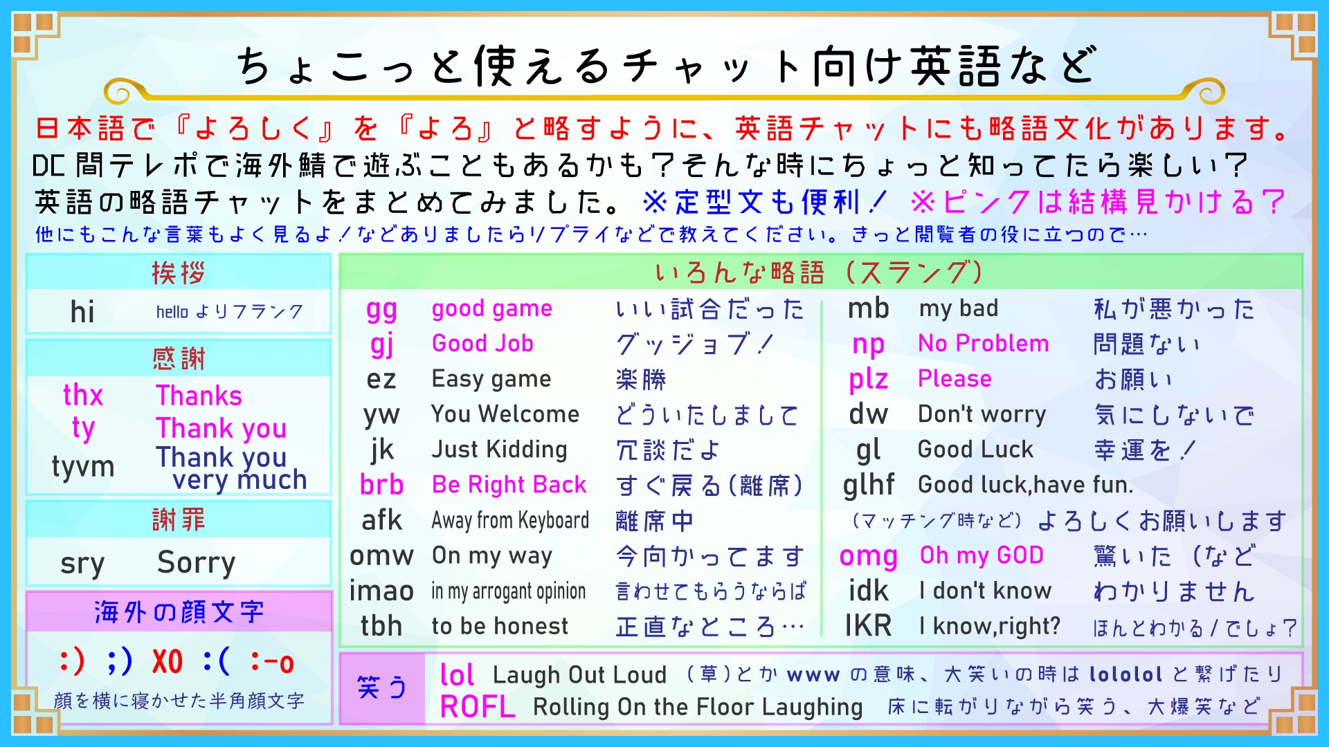 Ff14豆知識ノート ちょこっと使えるチャット向け英語など Dc間移動も実装間近に控える中 もしかしたら別言語のプレイヤーと遊ぶ機会も増えるのかもしれません チャットで使える短縮英語 もしかしたら役に立つかも 話せるかどうかより 理解