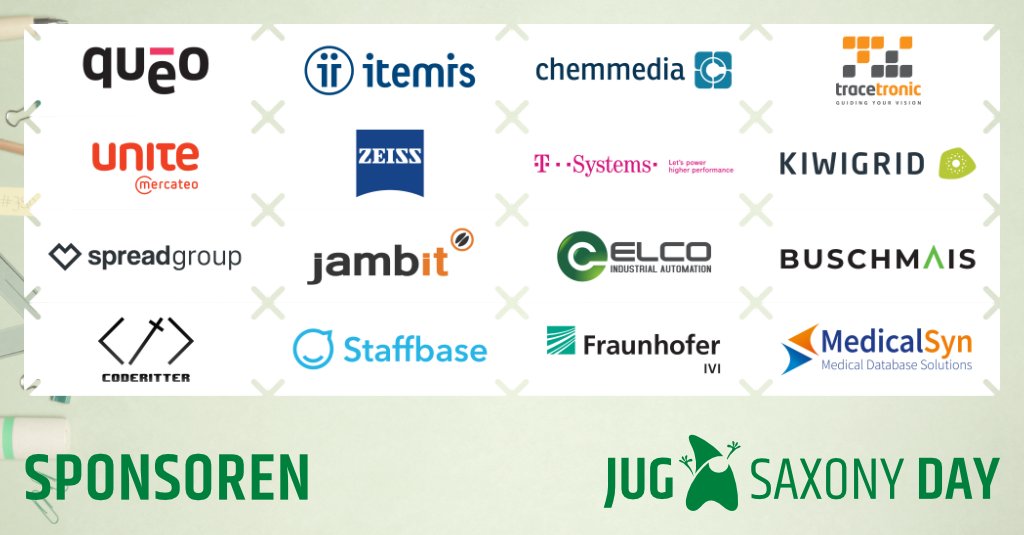 jugsaxony's tweet photo. Heute geht ein besonderer Dank an unsere Sponsoren des #JSD2021.
@StaffbaseHQ @ZEISS_di @TSystems_MMS @chemmedia_de @Kiwigrid @buschmais #coderitter @queo_corporate @itemis @tracetronic @jambit #ELCO #MedicalSyn #FraunhoferIVI @spread_group @Mercateo_com https://t.co/vNllbnMRGX