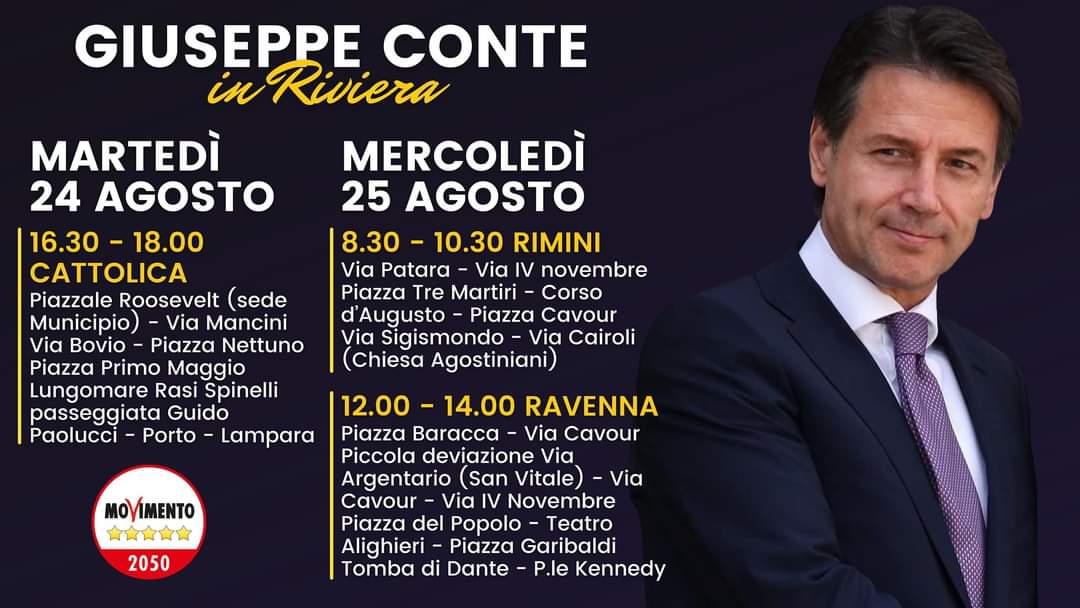 Tutto pronto per accogliere #GiuseppeConte a #Cattolica, #Rimini e #Ravenna! 

Questi giorni saranno un'occasione per confrontarsi direttamente con le realtà locali e con tutti i cittadini che vorranno partecipare. 

Non mancate, vi aspettiamo! 

#m5s #Conte #24agosto #25agosto