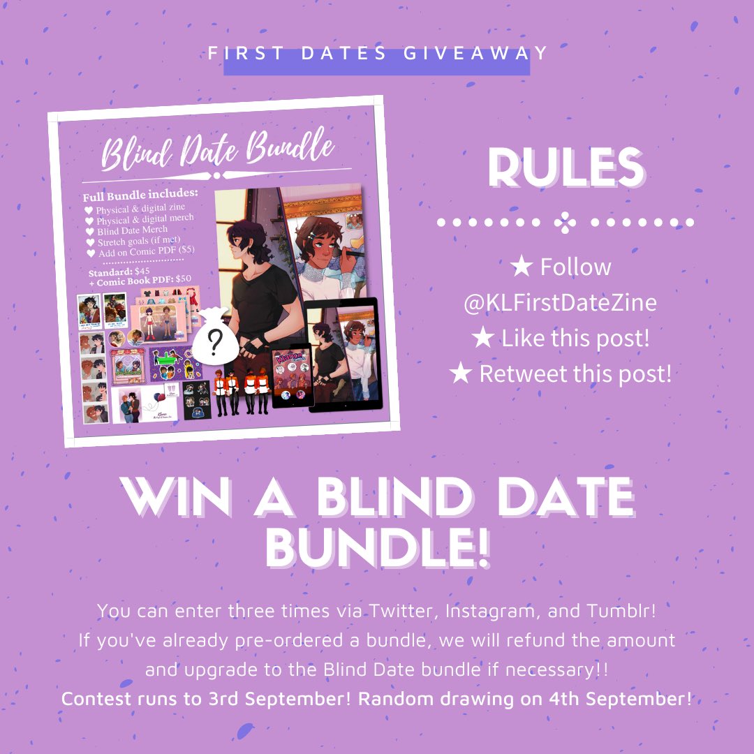 KLFirstDateZine's tweet photo. Giveaway time!!  Help us promote the zine and win!  It’s easy!  We’re well on our way to unlocking the final stretch goal and YOU can help!  

Pre-order now!  https://t.co/eVh7N2JRAN

#klance #klancezine #giveaway #freestuff https://t.co/XC85O3rYD1