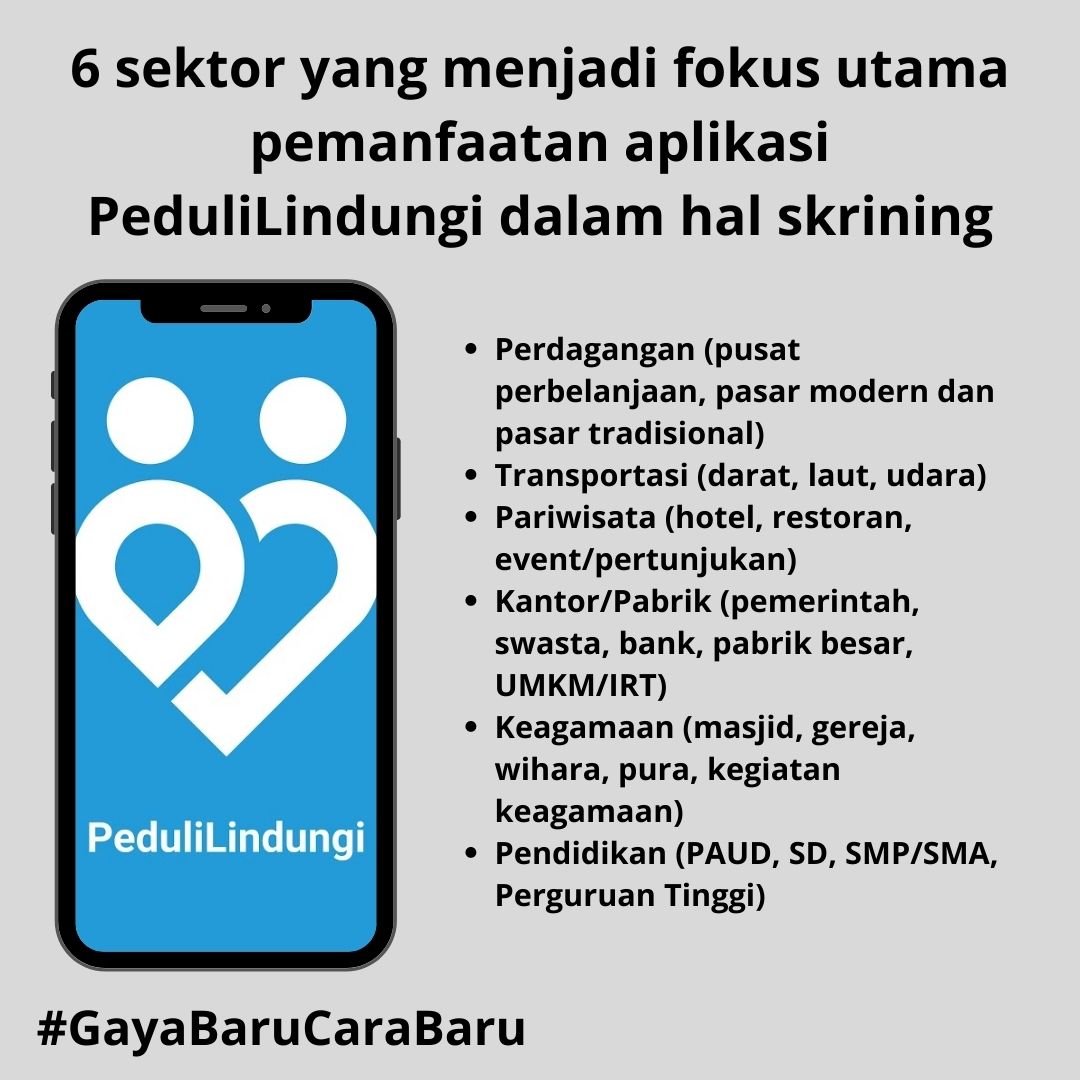 JagainET's tweet photo. Info baru nih dari pemerintah ttg aplikasi PeduliLindungi, saat ini terdapat sektor yang menjadi fokus pemanfaatan aplikasi PeduliLindungi dalam hal skrining, yaitu: Perdagangan, Transportasi, Pariwisata, Kantor/Pabrik, Keagamaan dan Pendidikan #GayaBaruCaraBaru https://t.co/S8zwbrnIaJ