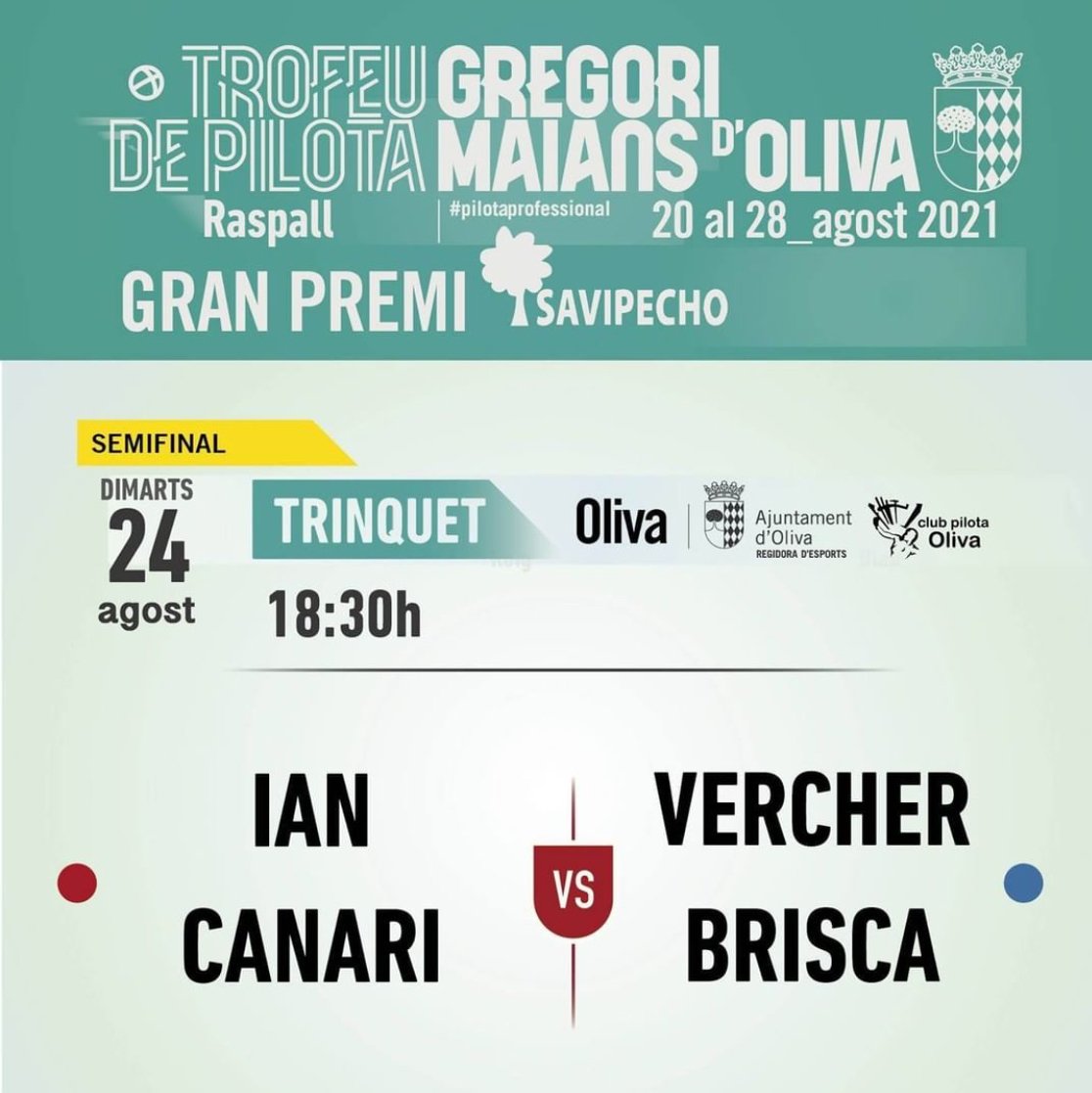 2a Semifinal!! Dimarts 24d'agost al Trinquet d'Oliva tenim el plaer d'anunciar la segona partida de semifinals del Trofeu Ciutat d'Oliva Gregori Maians. Vos esperem a tot/es per gaudir del raspall.