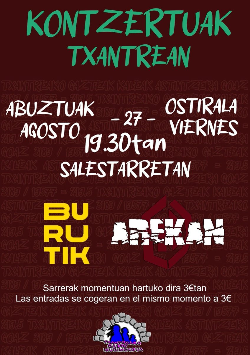 eztandatx's tweet photo. KONTZERTUAK TXANTREAN|

🗓️Ostirala - Viernes
🕖19:30tan
📍Salestarrak - Txantrean

*Sarrerak momentuan banatuko dira.

@ArekanTaldea @BurutikT https://t.co/kky5FtRiqZ