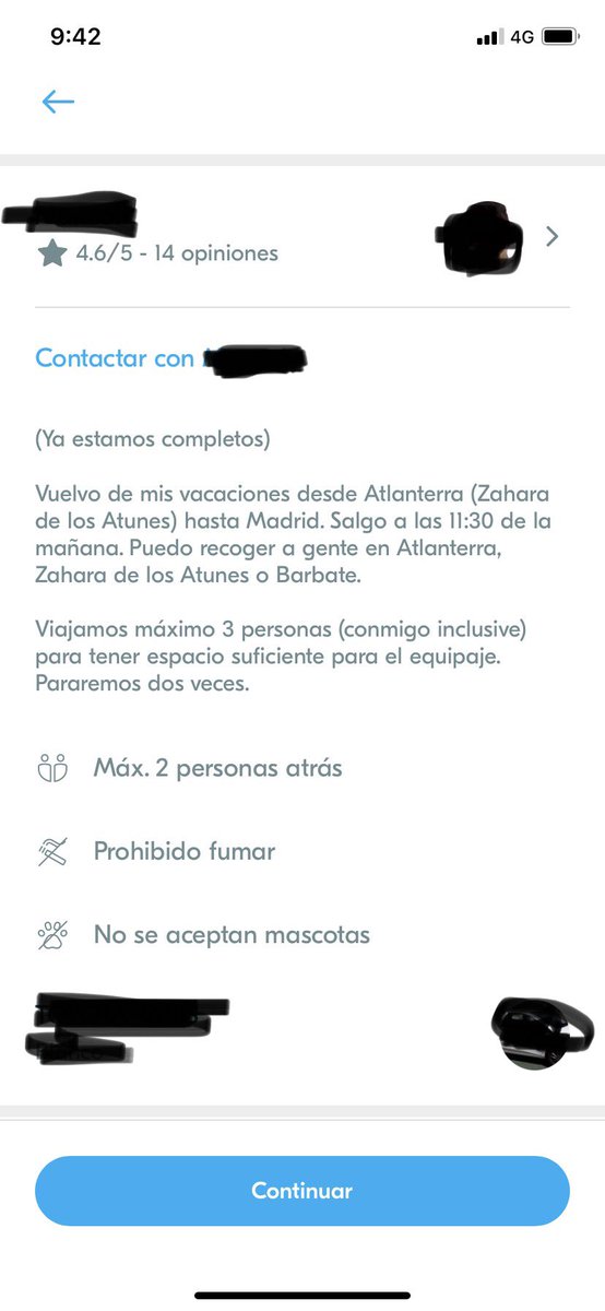 Me acaban de cancelar un viaje en BlaBlaCar por querer llevar la mascarilla puesta en un sitio cerrado durante más de 3 horas con gente que no conozco de nada. Me dice que lo ha puesto en la descripción del viaje (últ. foto) pero no hay nada de eso.