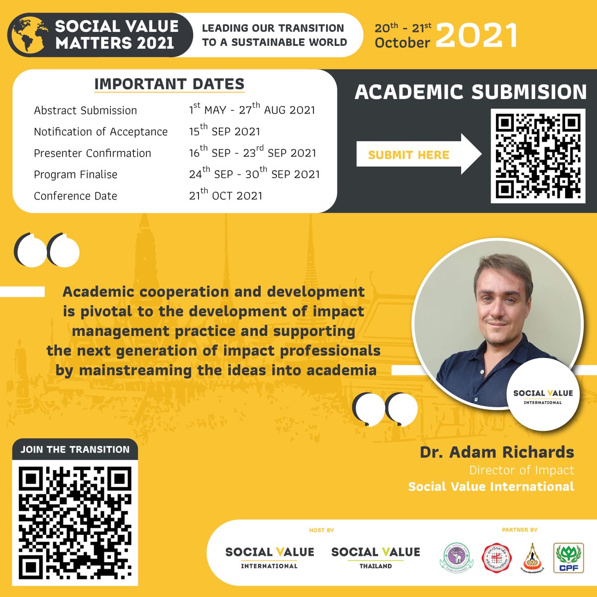 socialvalueth's tweet photo. " Academic cooperation and development is pivotal to the development of impact management practice and supporting the next generation of impact professionals by mainstreaming the ideas into academia "

Dr. Adam Richards
Director of Impact of Social Value International https://t.co/hFsSnibvro