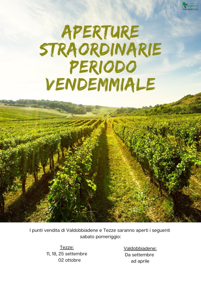 Enopiave's tweet image. Aperture straordinarie dei punti vendita Enopiave durante il periodo vendemmiale :

Tezze di Piave - sabato pomeriggio 11, 18, 25 settembre e 2 ottobre

Valdobbiadene - sabato pomeriggio da settembre ad aprile