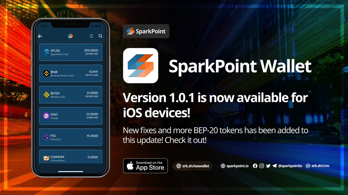 sparkpointio's tweet image. Hey #Sparkies! We just rolled out the latest version for the #SRK Wallet on iOS. 🎉 With the new fixes and additional #BEP20 tokens, we're sure you'll love it more this time! 🙌
Upgrade your wallets to v1.0.1 now! 🚀 🔗srk.sh/ioswallet
#SparkPoint #iOS #BSC #CryptoNews