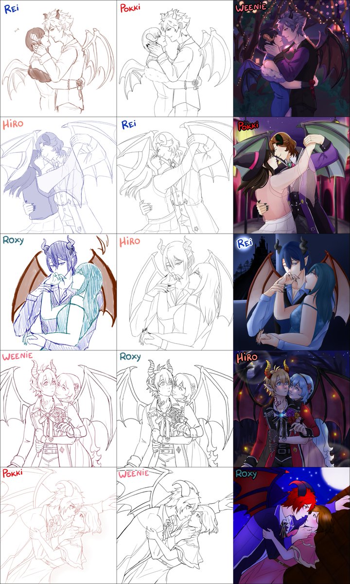 i was in a selfship art collab themed after shining live halloween demon set an heres the whole post \o/
n heres all the pals who took part:
rei: @kitahara_rei 
hiro: @BisasterCentral 
roxy: @RoxySnowy 
pokki: @pokki_ittoki 
(weenie is me) 