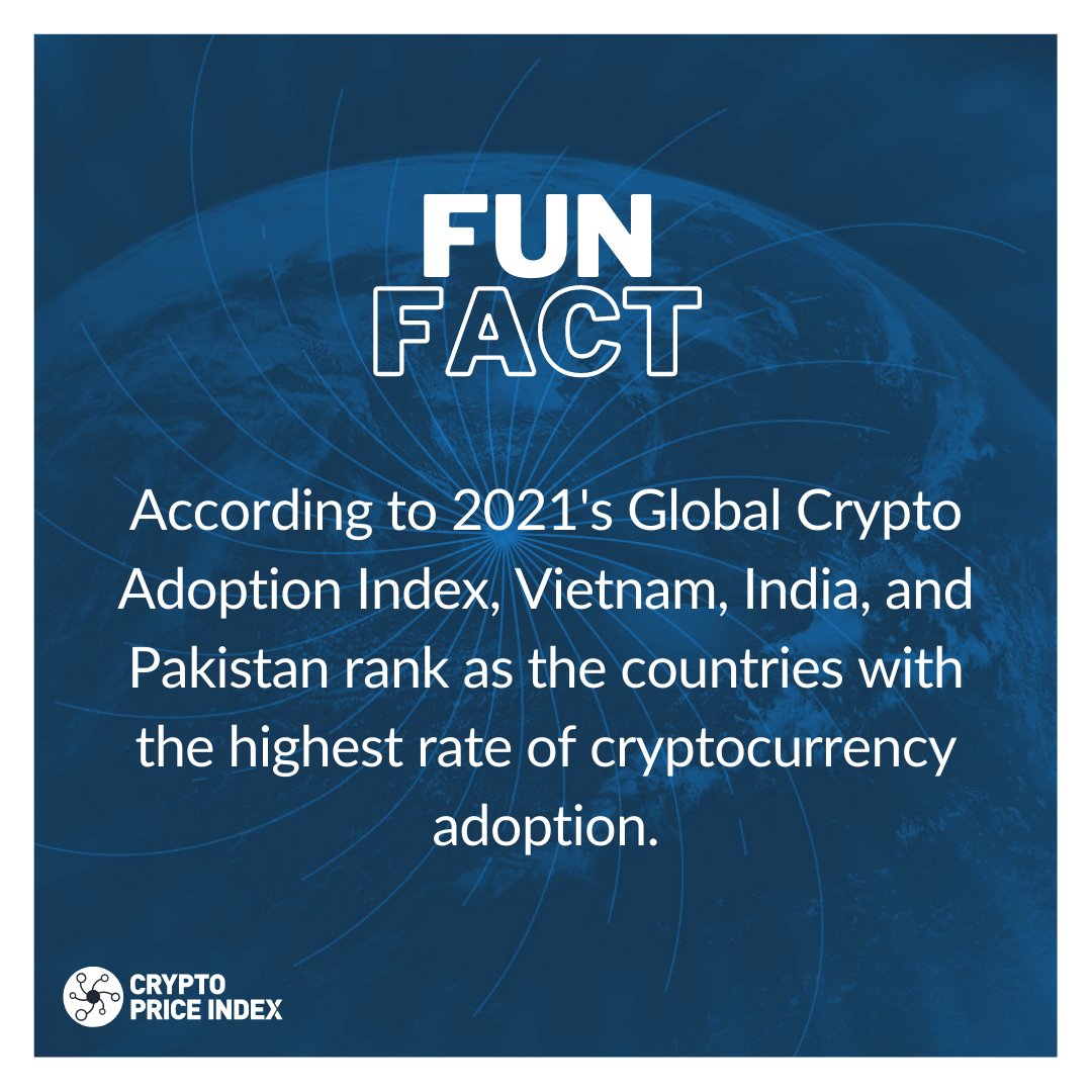 index_price's tweet photo. Fun Fact π‘
According to 2021's Global Crypto Adoption Index, Vietnam, India, and Pakistan rank as the countries with the highest rate of cryptocurrency adoption.
#CPI #CryptoPriceIndex #crypto #cryptocurrency #blockchain #Bitcoin #BTC #finance #Fintech #DeFi #Trading https://t.co/Y4t0QkeNHe