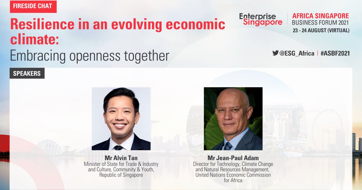 Building partnerships for growth. 

Join MOS <a href="/alvinshtan/">Alvin Tan</a> &amp; Mr Jean-Paul Adam as they discuss how #Africa and #Singapore  can continue to build our trading links to strengthen resilience, create growth &amp; open up opptys between the two regions!

Tune in now: go.gov.sg/twc9bm