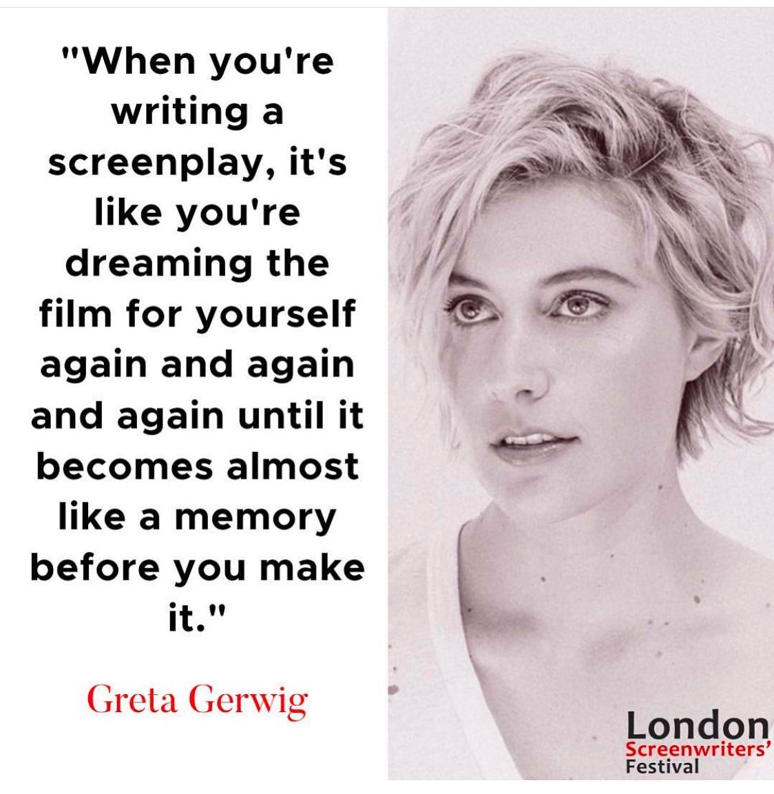 Absolutely love this take on screenwriting. Visualisation is part of the process. 

Think it. 🧠 
Picture it. 💭 
Write it. ✍️ 
Film it. 🎥 

#screenwriter #screenwritersofinstagram #screenwriting  #screenwritingtips #screenwriters #writer #writingcommunity #gretagerwig