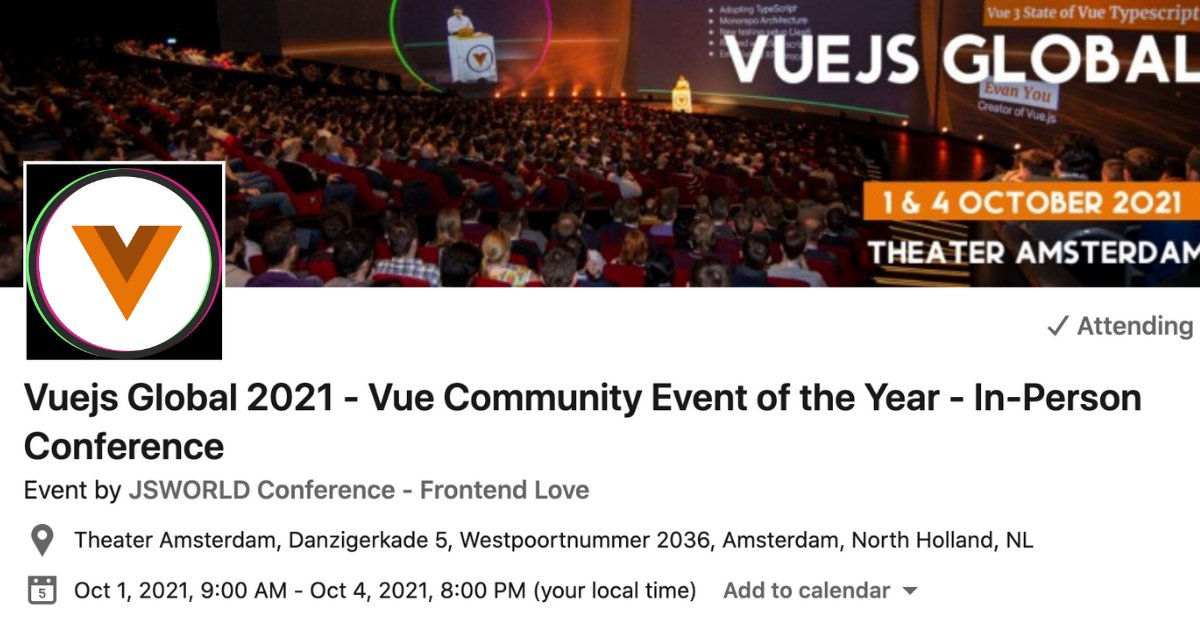 vuejsamsterdam's tweet image. We hope you are just as excited as we are for our upcoming #vuejsglobal Conference!🎉 

Sign up &amp;amp; Event link in the comments👇 

#vuejsglobal Conference will be: 
🔥Free Live and Online🔥
🎤 20+ Talks 
🎥 Enjoy Free BONUS Content
⚡ Network and Have Fun