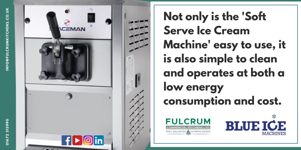 Not only is the 'Soft Serve Ice Cream Machine' from Blue Ice easy to use, it is also simple to clean and operates at a low cost and energy consumption.

Contact us today on;
📞 01672 515990
✉️ info@fulcrumkitchens.co.uk

#cateringequipment #kitchens #cafes #restaurants #pubs