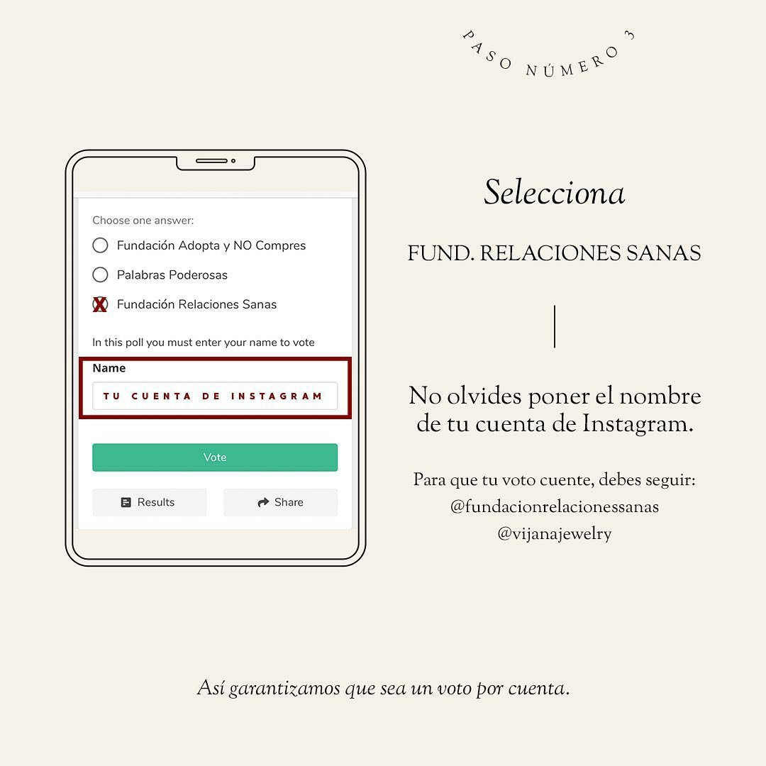 Vota por Fundación Relaciones Sanas strawpoll.com/5zcaca4p1
Debes seguir la cuenta de IG de @vijanajewelry y @fundacionrelacionessanas