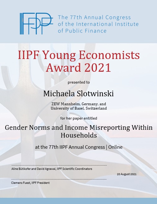 Congratulations to <a href="/anjakroth1/">anja roth</a> and <a href="/MichaelaSlotwi1/">Michaela Slotwinski</a> for winning the <a href="/IIPF_org/">IIPF - International Institute of Public Finance</a> Young Economist Award for their paper "Gender norms and income misreporting within households".

Awarded to a paper of scientific quality, creativity and relevance at <a href="/iipf2021/">77th Annual Congress of the IIPF</a>. #EconTwitter 
Thread 👇