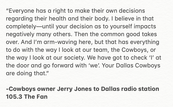 JoriEpstein's tweet image. Jerry Jones on why he's so adamant about COVID-19 vaccine: "Everyone has a right to make their own decisions regarding their health &amp;amp; their body...until your decision as to yourself impacts negatively many others.

"We have got to check ‘I’ at the door &amp;amp; go forward with ‘we’."