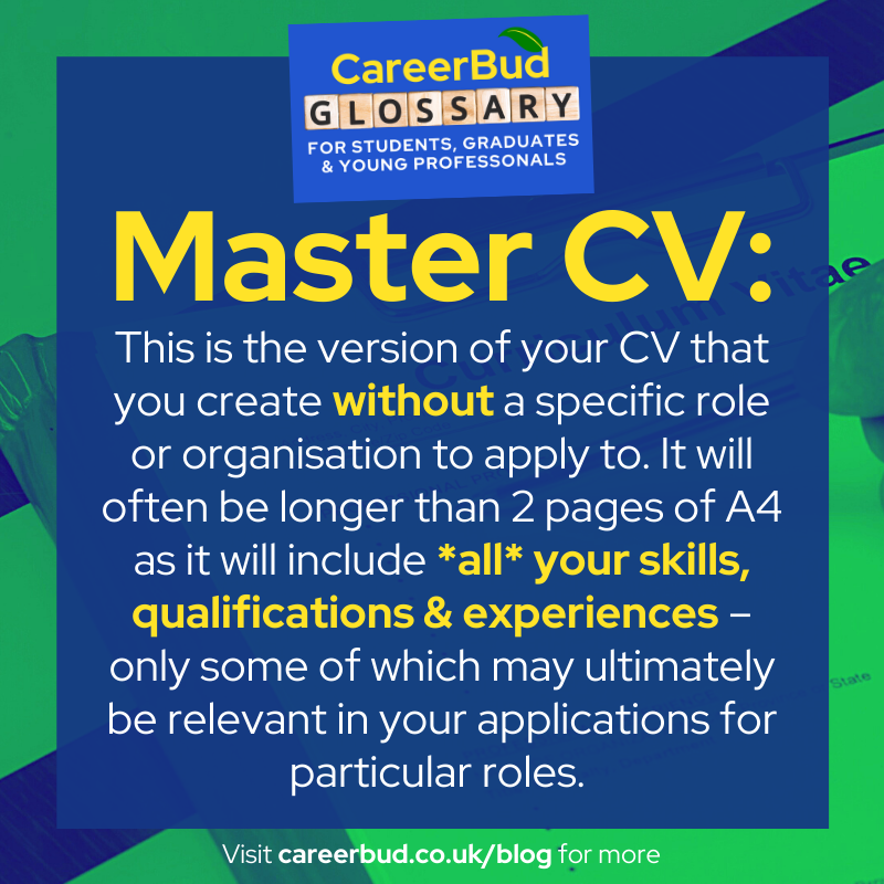 CareerBudUK's tweet image. WHAT IS A *MASTER CV*?

Check out the full glossary of terms on our blog:
bit.ly/careerbud-glos…
⁣⁣⁣ ⁣⁣⁣⁣⁣⁣⁣
#careerbuduk #careertraining #careerconsultancy #careercoaching #students #graduates #youngprofessionals