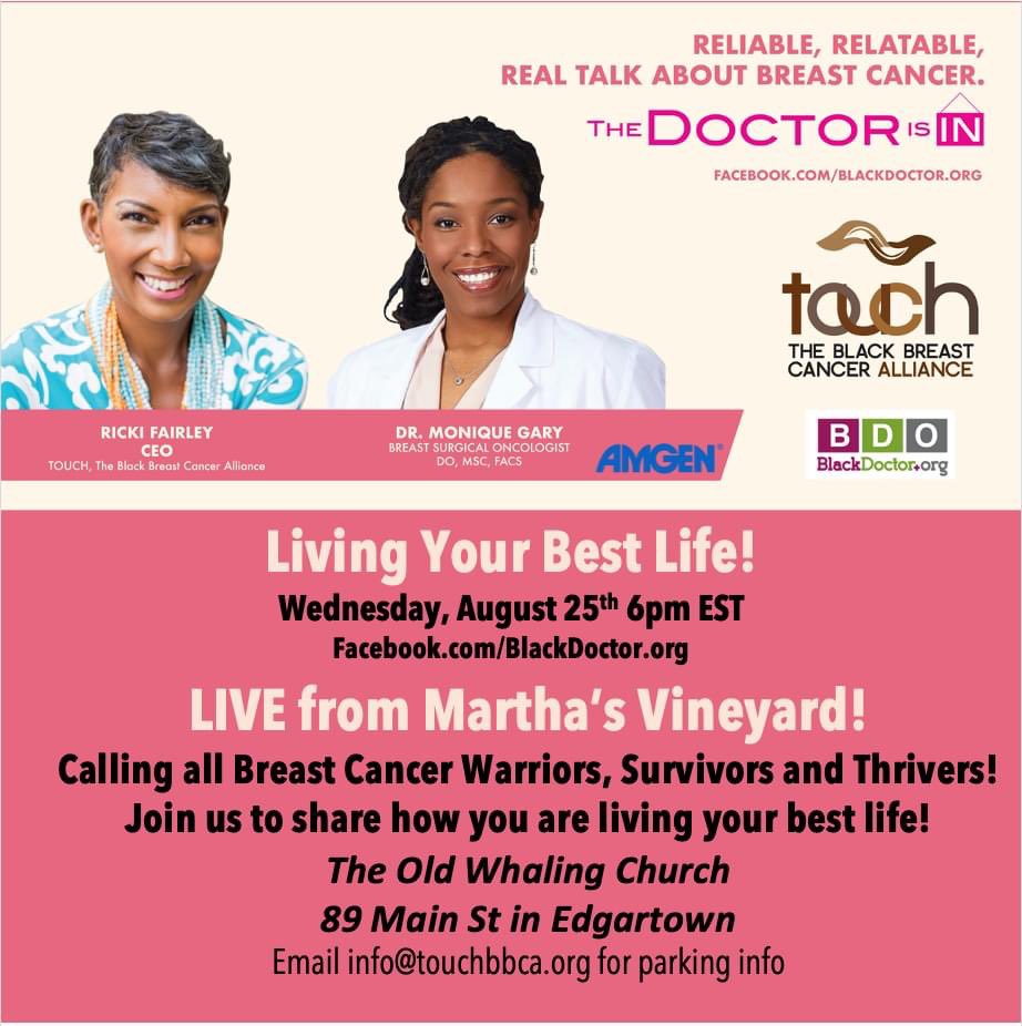 Touch, The Black Breast Cancer Alliance ™️ (@touchbbca) on Twitter photo The Doctor Is In! LIVE from #MarthasVineyard #edgartown #oakbluffs #inkwell. Talking about #LivingYourBestLife <a href="/DrMoniqueGary/">Dr. Monique Gary (she/her 🏳️🌈)</a> <a href="/blackdoctor_org/">BlackDoctor</a> The Doctor Is In! LIVE from #MarthasVineyard #edgartown #oakbluffs #inkwell. Talking about #LivingYourBestLife <a href="/DrMoniqueGary/">Dr. Monique Gary (she/her 🏳️🌈)</a> <a href="/blackdoctor_org/">BlackDoctor</a>