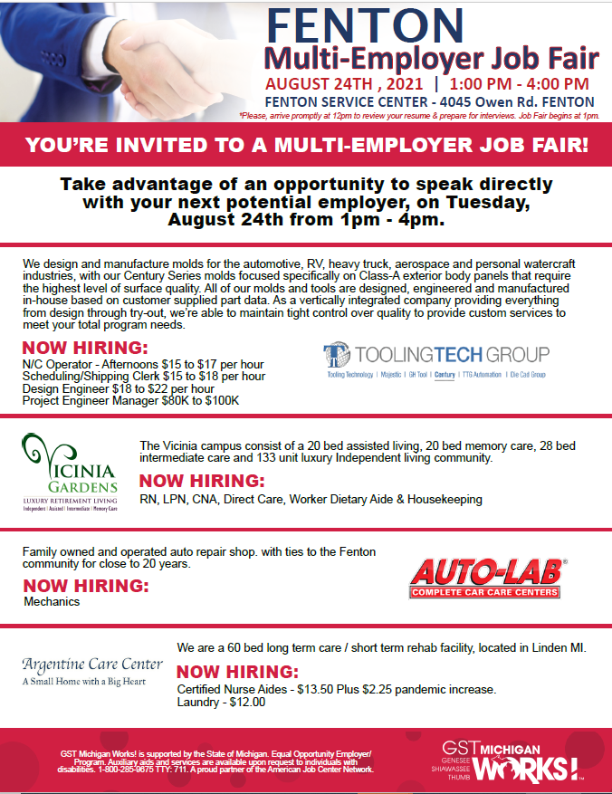 GSTMIWorks's tweet photo. GST Michigan Works! in Fenton will be hosting 11 local Employers TODAY from 1-4pm. There are tons of job opportunities in your area and we want to connect you with the right fit!
Join us at 4045 Owen Rd., bring your resume and be prepared to interview!
#Back2WorkMI #gstjobs https://t.co/bUl9XbJn4V