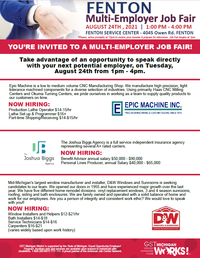 GSTMIWorks's tweet photo. GST Michigan Works! in Fenton will be hosting 11 local Employers TODAY from 1-4pm. There are tons of job opportunities in your area and we want to connect you with the right fit!
Join us at 4045 Owen Rd., bring your resume and be prepared to interview!
#Back2WorkMI #gstjobs https://t.co/bUl9XbJn4V