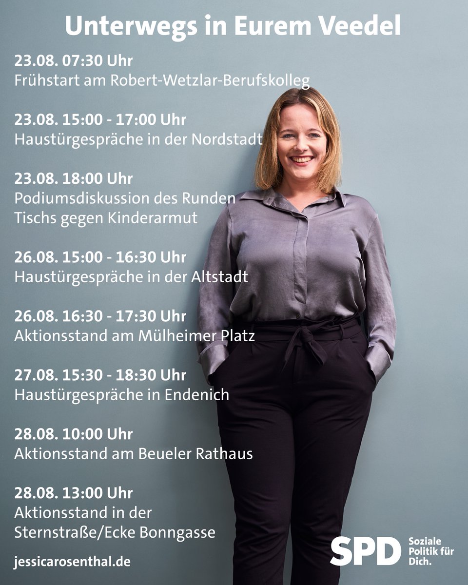 SPD Bonn (@spdbonn) on Twitter photo Hier könnt Ihr diese Woche unsere Bundestagskandidatin <a href="/jessi_rosenthal/">Jessica Rosenthal</a> in #Bonn treffen! Hier könnt Ihr diese Woche unsere Bundestagskandidatin <a href="/jessi_rosenthal/">Jessica Rosenthal</a> in #Bonn treffen!