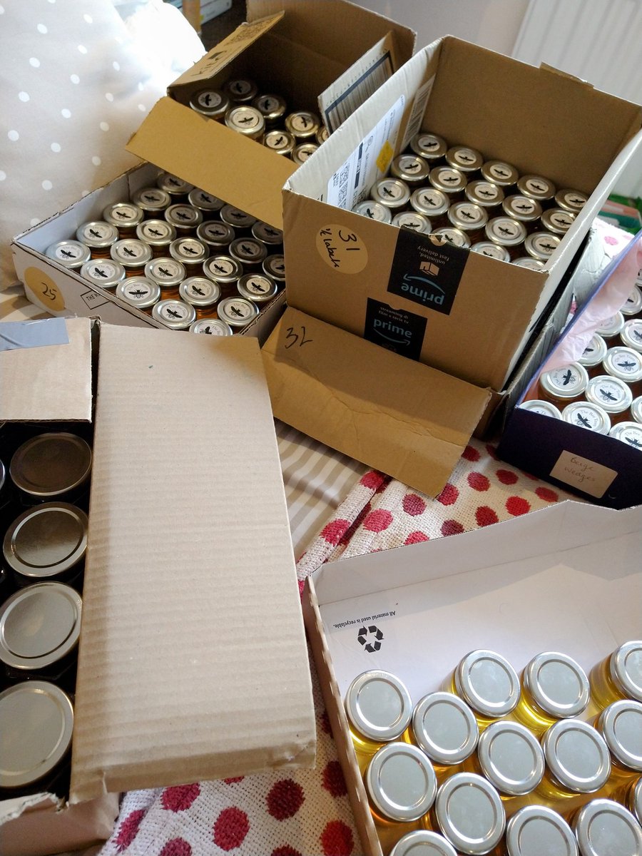 Mrs H &amp; I have been busy in our respective kitchens again finishing the small jars of #honey for the children at school, only another 100 to go! 
🙄😂🥰 (will be glad to get the spare room back!) #bees #Honey #school
#HoneyForAll <a href="/britishbee/">BBKA</a> #BeekeepersHour <a href="/heronhillschool/">Heron Hill Primary</a>