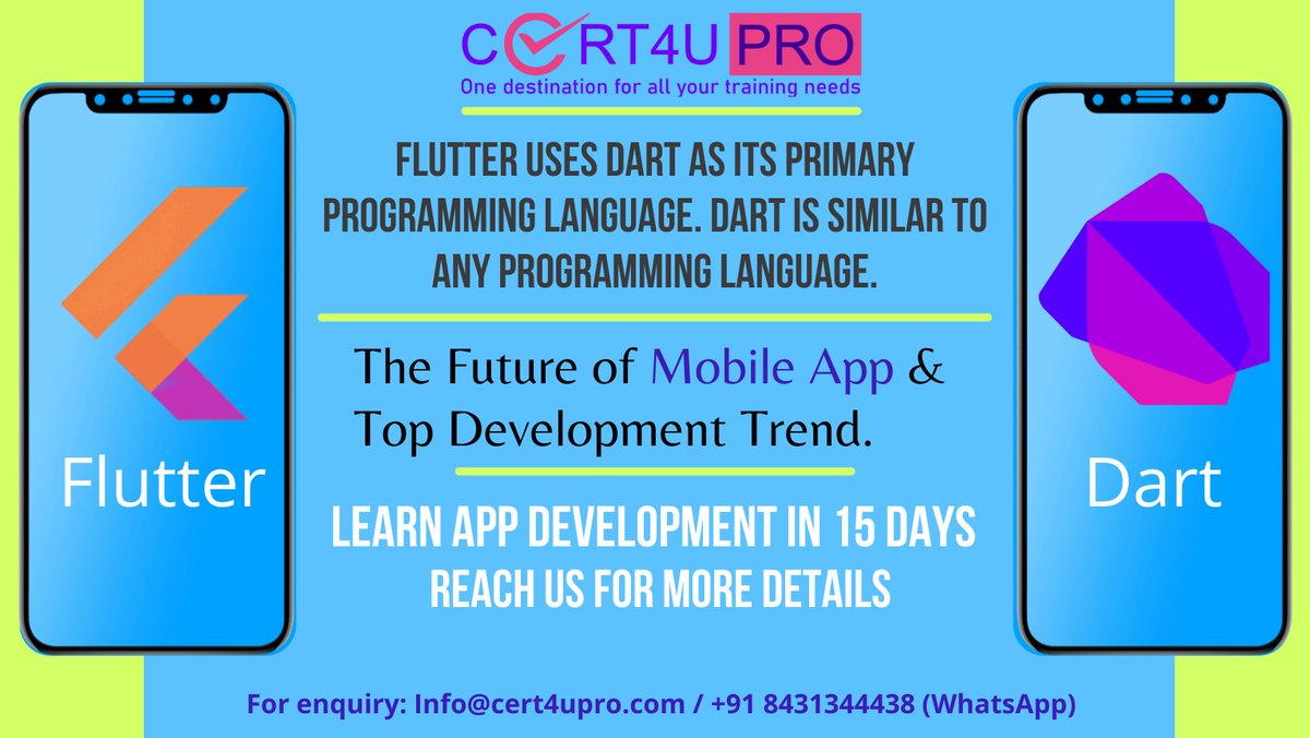 cert4upro's tweet photo. Flutter uses Dart as its primary programming language. Dart is similar to any programming language. This means if you have written code in C#, Swift, Java, JavaScript, Kotlin, or any other language, then you should be able to pick up Dart in no time. Learn in 15 Days. https://t.co/kNusMSE8gn