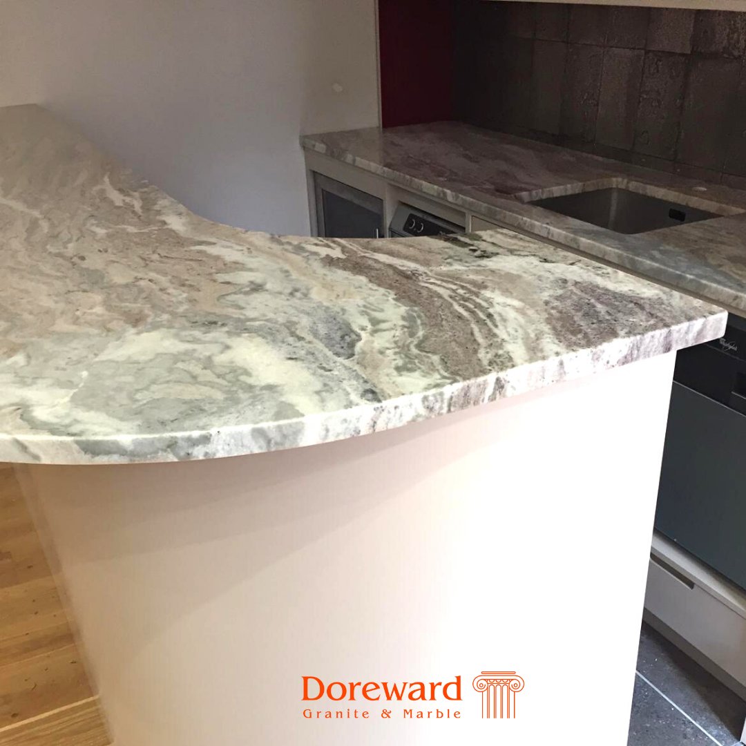 Brown fantasy Kitchen worktop installation. Gives the appearance of movement and features swirls of grey, cream and browns. A fantastic look 🥰 #brownfantasy #kitchenworktops