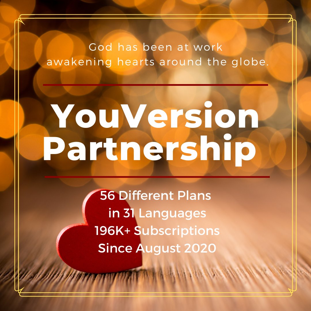 Our 1 Year Anniversary of our partnership with YouVersion is this month!  We celebrate Rebecca Davie's hard work and dedication. Have you tried any of our plans? God has been at work awakening hearts around the globe: 56 Plans, 31 Languages, 196k+ subscriptions since August 2020.