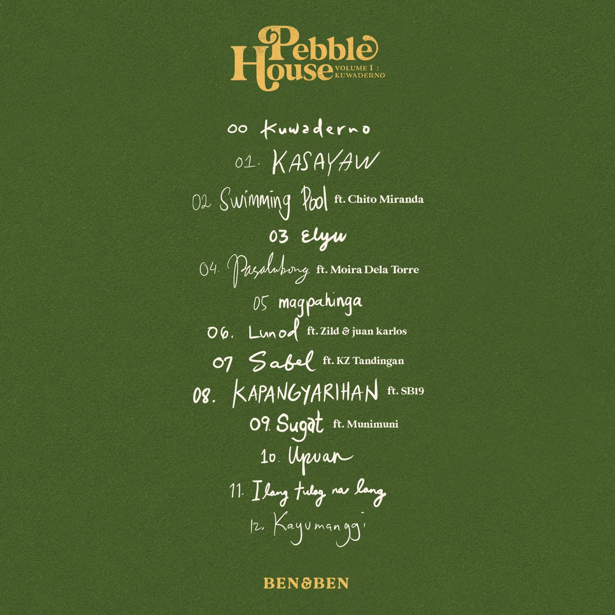 BenAndBenMusic's tweet photo. OFFICIAL TRACKLIST
Pebble House Vol. 1: Kuwaderno
#BenAndBenAlbum2
#PebbleHouseKuwaderno https://t.co/lktEwbCeUP