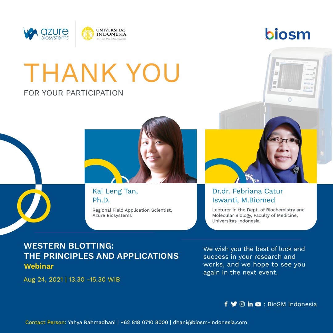 biosm_indonesia's tweet photo. Biosm Indonesia mengucapkan terima kasih atas partisipasinya kepada para peserta webinar BIOSM - @AzureBiosystems - UNIVERSITAS INDONESIA
Western Blotting: The Principles and Applications
Sampai jumpa di webinar kami berikutnya 😊
#biosm #AzureBiosystems #UniversitasIndonesia https://t.co/Nr1dBRhgk1