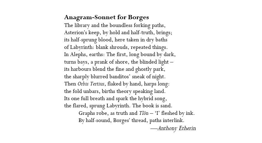 Anthony_Etherin's tweet photo. ANAGRAM-SONNET FOR BORGES — on the occasion of Jorge Luis Borges’ 122nd birthday: https://t.co/yorvcRw1pu