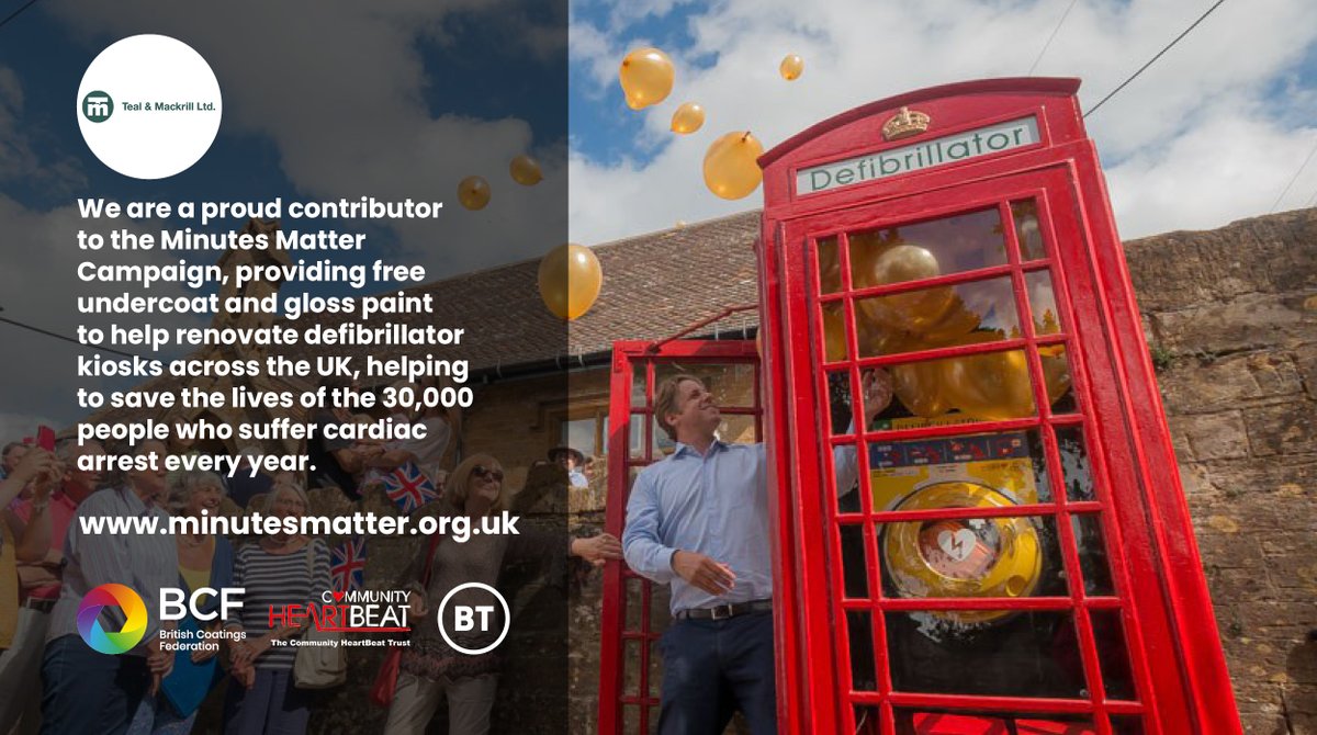 We are so proud to be part of this amazing campaign. As a UK manufacturer we were approached by the BCF to provide materials to refurbish these telephone boxes and put them to good use! Teal &amp; Mackrill have supplied undercoat and gloss to 9 local projects so far ❤️ #minutesmatter