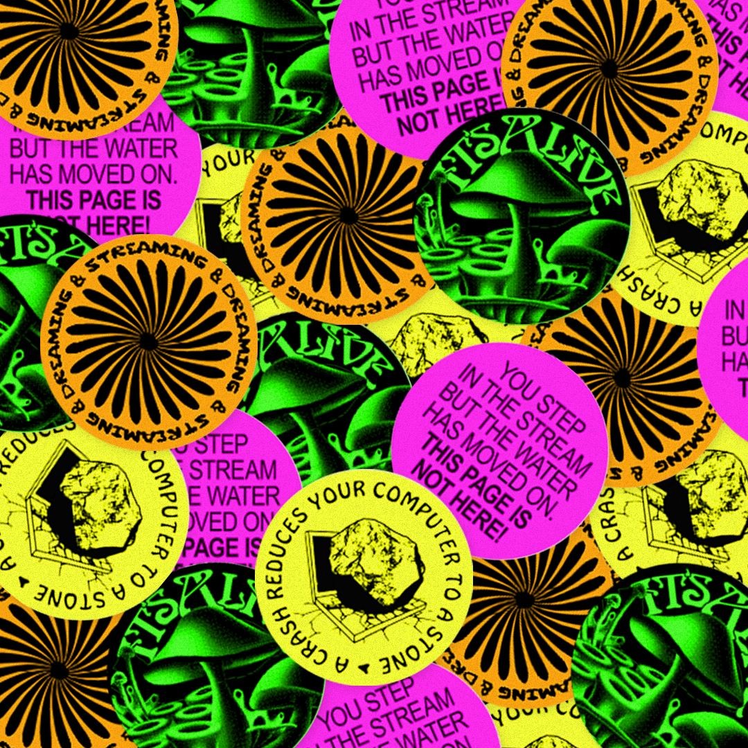 studioonstrike's tweet photo. Stickers by thewisdomofmany! This is a site zine that includes a "screensaver" bookmark, neon stickers inspired by early internet found poetry, and two fold-out spreads on the history of websites and website design. There's QR code links to additional resources throughout and a https://t.co/zBcJWVTlmG