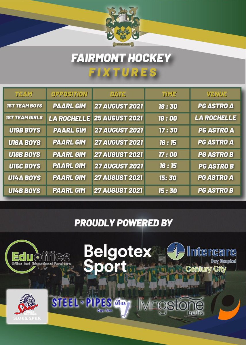 Fairmont Hockey Fixtures 

25 and 27 August 2021 

#FairmontHockey 
#GreenMachine 
#WeAreGreen