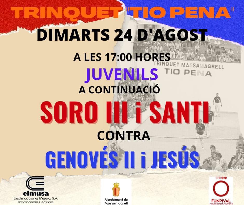 ⚾🙋‍♀️🙋‍♂️ Partida de pilota en el Trinquet “Tio Pena” de Massamagrell.

🗓️ Hui, dimarts 24 d’agost:

🕔 Partida de juvenils a les 17.00 h

🕡 A continuació, partida professional
🔴 Soro III i Santi
🆚
🔵 Genovés II i Jesús

<a href="/funpival/">funpival</a>