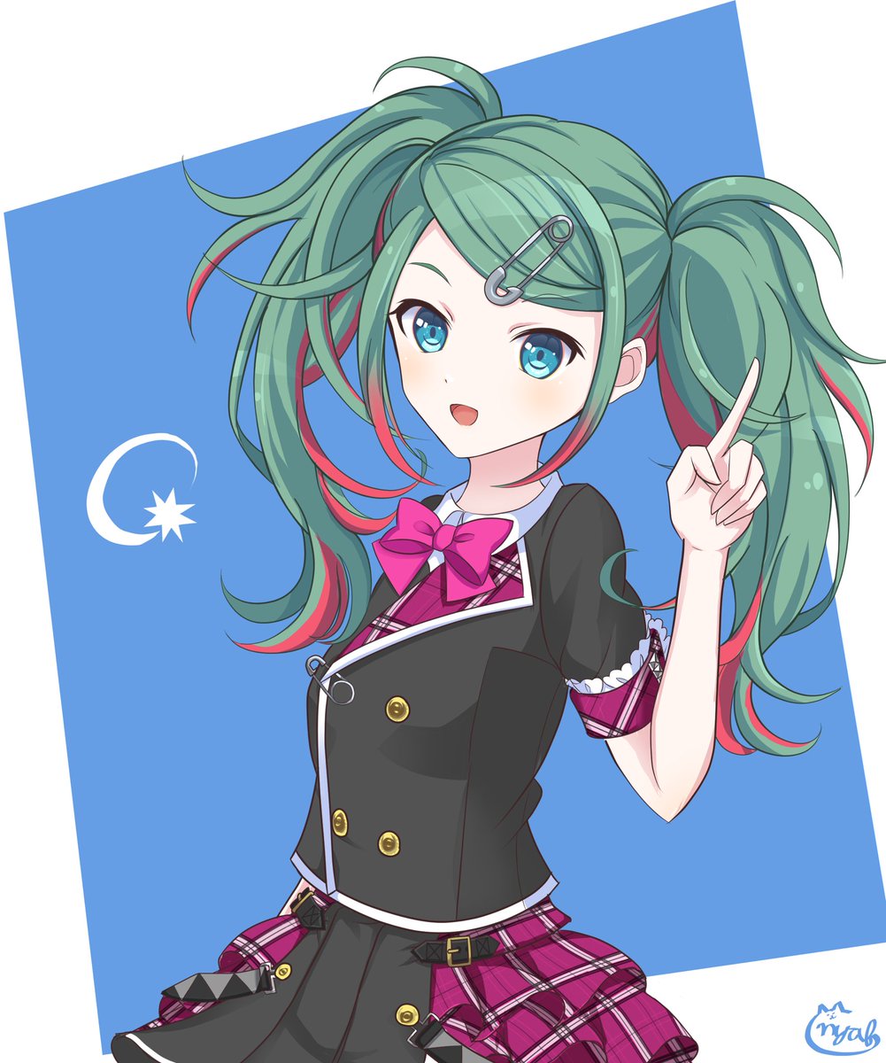 1girl solo twintails skirt hair ornament green hair index finger raised  illustration images