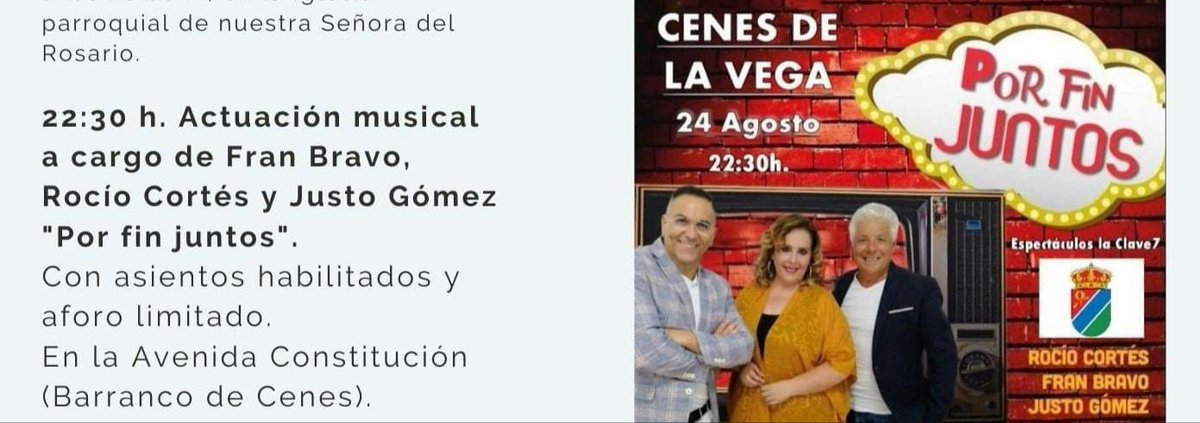 Continúa la gira de <a href="/RocioCortesAnd/">Rocío Cortés</a> y el espectáculo "Por fin juntos". Esta noche, concierto en CENES DE LA VEGA (Granada), a las 22:30 h. <a href="/aytocenesvega/">Ayto Cenes Vega</a>