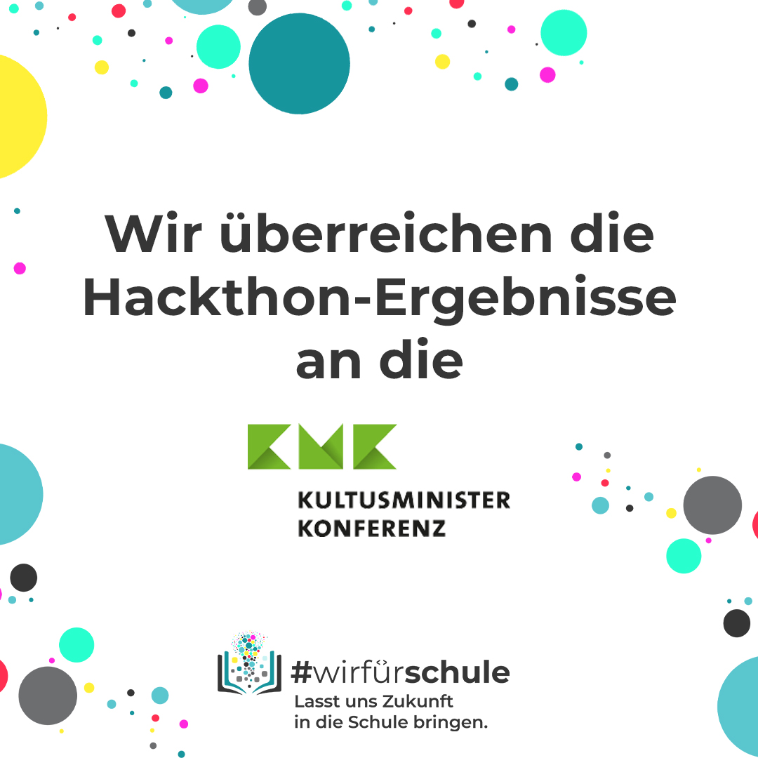 Voller Vorfreude teilen wir euch heute mit, dass wir am 1.9. die Ergebnisse des Hackathons 2021 der Kultusministerkonferenz präsentieren werden: Das gemeinsam entwickelte Zielbild für die Schule von Morgen, die Good Practices von Schulen, eure konkreten Umsetzungsmaßnahmen.