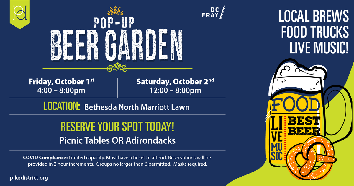 Pike_District's tweet photo. Join us on October 1st and 2nd for a Pop-Up Beer Garden at the @MHBethesdaNorth lawn!
Your ticket includes: two $5 drink credits, one $10 food credit and one $5 credit donated to charity!
https://t.co/T8S76VOA2K
We can BARRELy wait!
#PDevents #BeerGarden #Cheers https://t.co/cWPNI9PMky