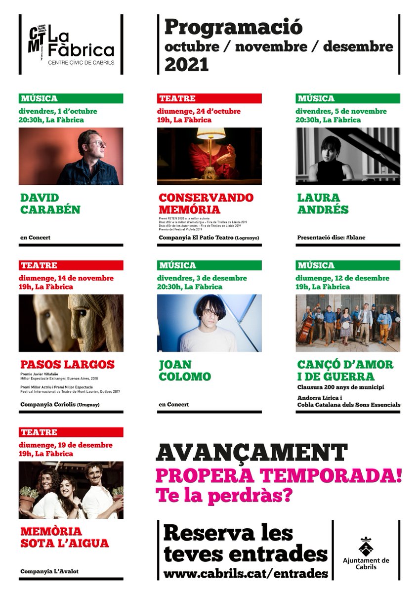 ajcabrils's tweet photo. 📢 La propera temporada a #LaFàbrica ve trepitjant fort!

🎶 A partir de l'1 d'octubre tindrem entre nosaltres artistes com David Carabén, @laurandrespiano, @colomomusica i molts més. 

Pròximament sortiran les entrades a la venda. T'ho perdràs? 🎉

https://t.co/Mto1U0MwUp https://t.co/huFSyT21qz