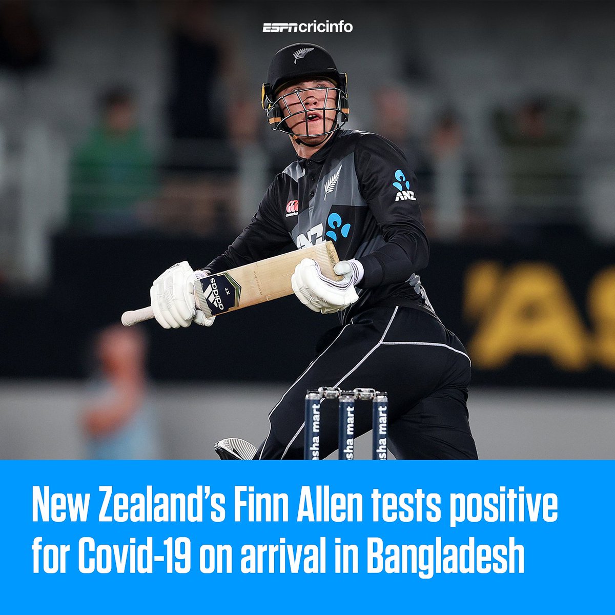 cricinfo's tweet photo. JUST IN: New Zealand's Finn Allen has tested positive for Covid-19 48 hours after arriving in Bangladesh.

He had passed all pre-departure tests having been in the UK for the Hundred. https://t.co/a6ajWQjzcg
