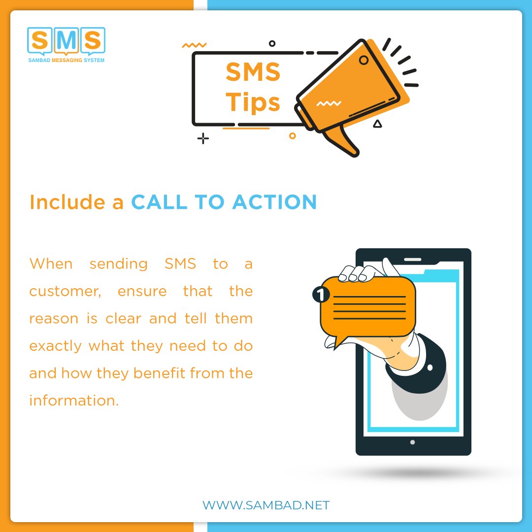sambad_sms's tweet image. SMS Tips 

Include a call to action 

When sending SMS to a customer, ensure that the reason is clear and tell them exactly what they need to do and how they benefit from the information. 

#smsmarketingtips #bulksms #sambad #smsmarketing