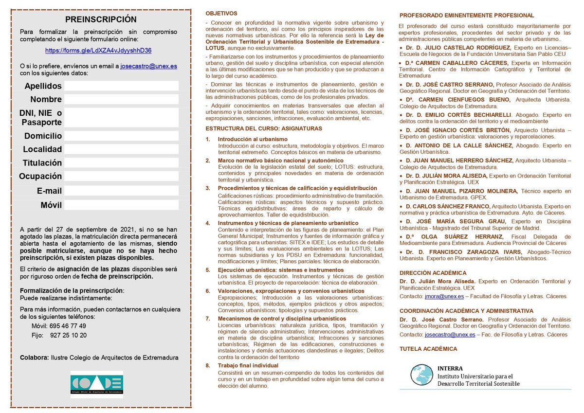 El 15 de octubre damos inicio a la 4ª edición del Curso de EXPERTO PROFESIONAL EN URBANISMO, en versión presencial y virtual.
El grado de satisfacción de los alumnos, según las encuestas es Sobresaliente, razón que nos motiva a continuar con esta formación especializada.