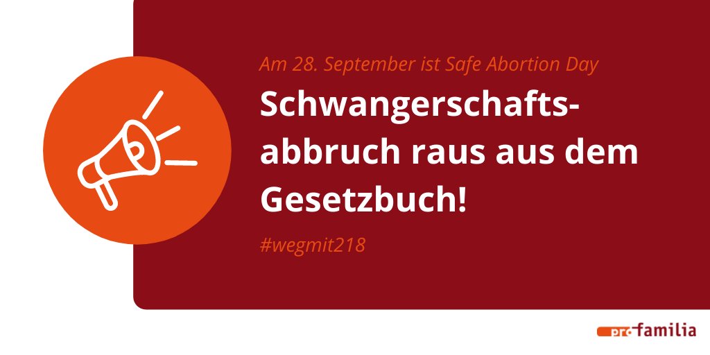 In einem Monat ist #safeabortionday. Am 28.09. sind wir laut für die Entkriminalisierung des Schwangerschaftsabbruchs, denn gute medizinische Versorgung bei ungewollter Schwangerschaft ist ein Menschenrecht! 
#wegmit218 #makeunsafeabortionhistory
wegmit218.de/aufruf/