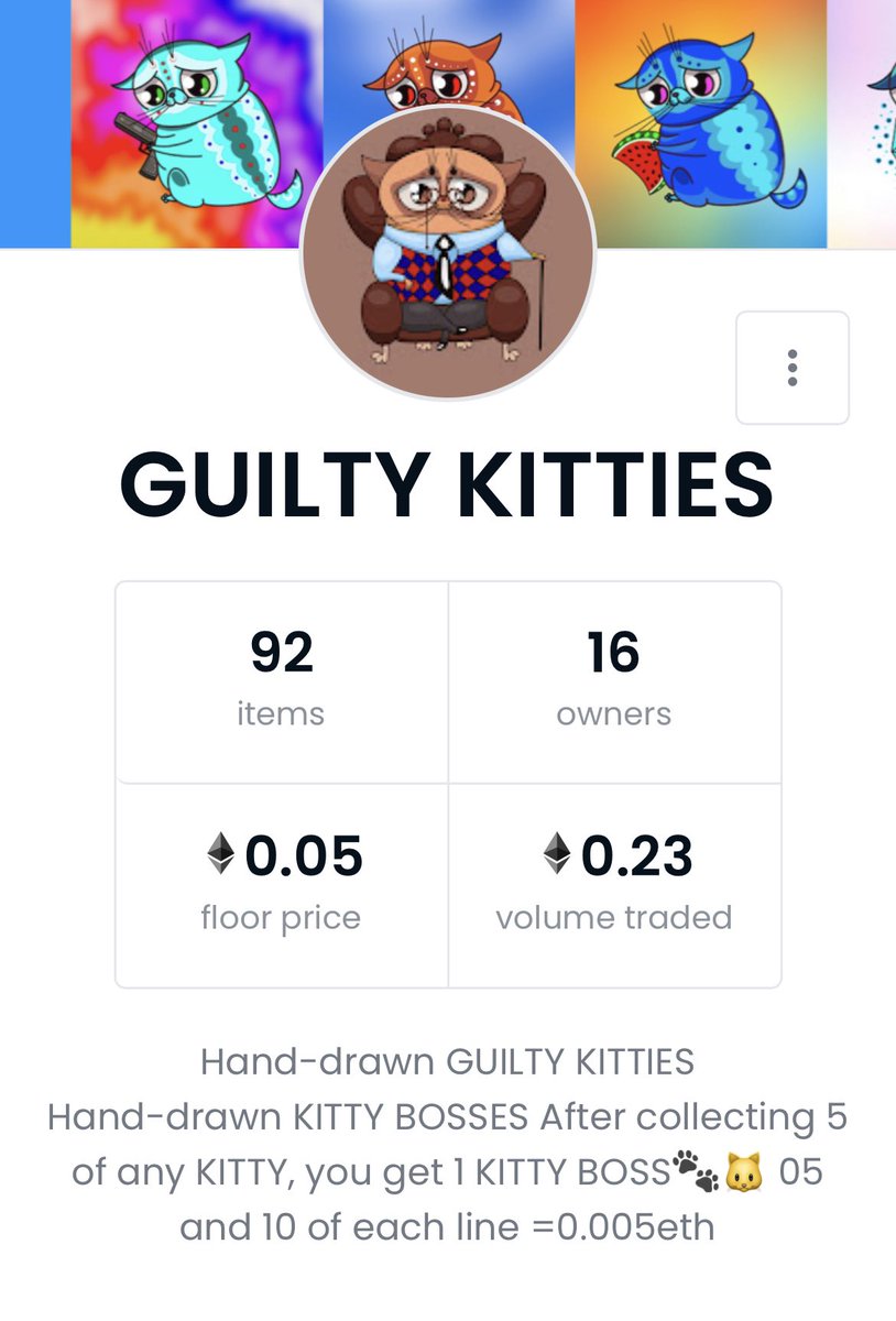 Already 16 owners, that's 2 more than yesterday!))🥳🥳
Me and the guilty kitties are happy!))🐱❤️
Thank you all very much for your support!))🥰🙏🥂🥳

opensea.io/collection/gui…
#NFTcollection #nftkitty <a href="/opensea/">OpenSea</a>