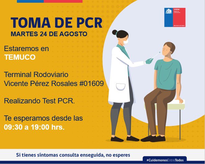 👉Este martes 24 de agosto nuestros equipos de testeo estarán haciendo exámenes PCR preventivos en diferentes puntos de la región. Recuerda que para asistir solo necesitas tu Cédula de Identidad y los resultados están en 24 o 48 hrs.! 

🔶Acá te contamos más información